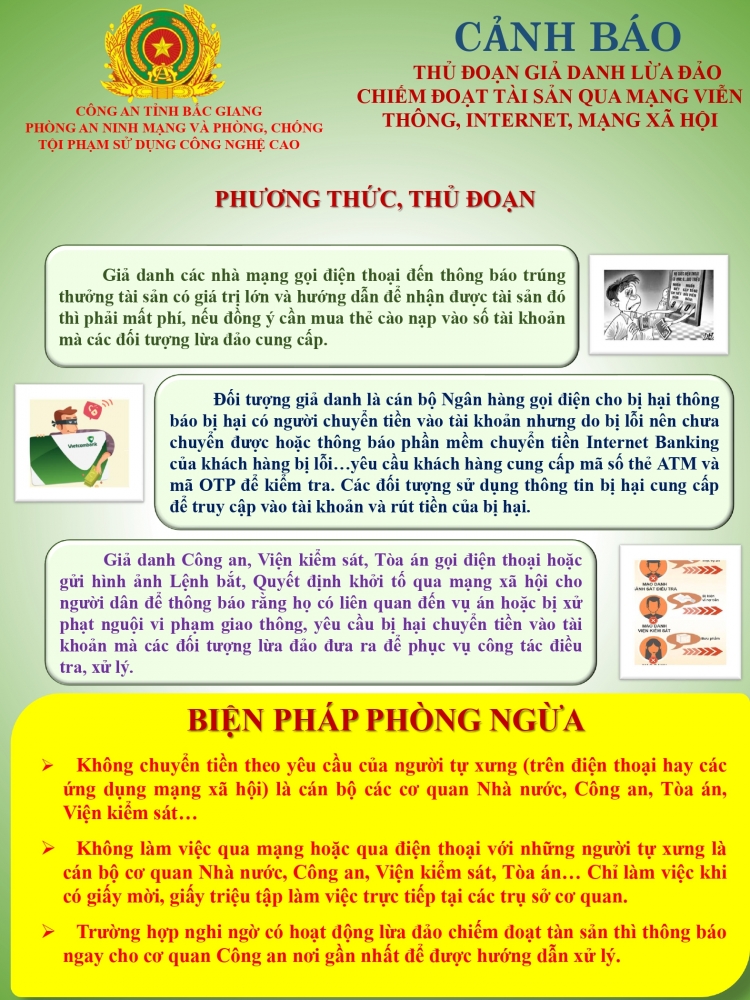 CẢNH BÁO THỦ ĐOẠN GIẢ DANH LỪA ĐẢO CHIẾM ĐOẠT TÀI SẢN QUA MẠNG VIỄN THÔNG, INTERNET, MẠNG XÃ HỘI