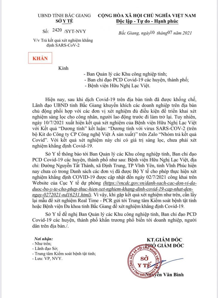 kết quả xét nghiệm của Bệnh viện Hữu Nghị Lạc Việt với kết quả “Dương tính với virus SARS-COV-2 ( trên bộ Kit do Công ty CP Công nghệ Việt Á sản xuất)” chỉ có giá trị sàng lọc, chưa phải xét n