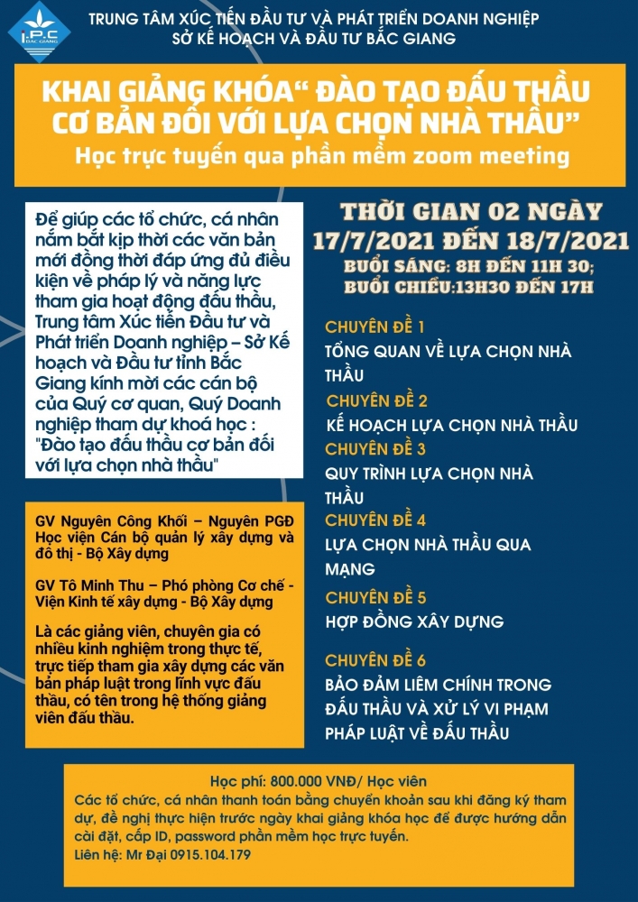 THÔNG BÁO MỞ LỚP “KHÓA ĐÀO TẠO ĐẤU THẦU CƠ BẢN ĐỐI VỚI LỰA CHỌN NHÀ THẦU”
